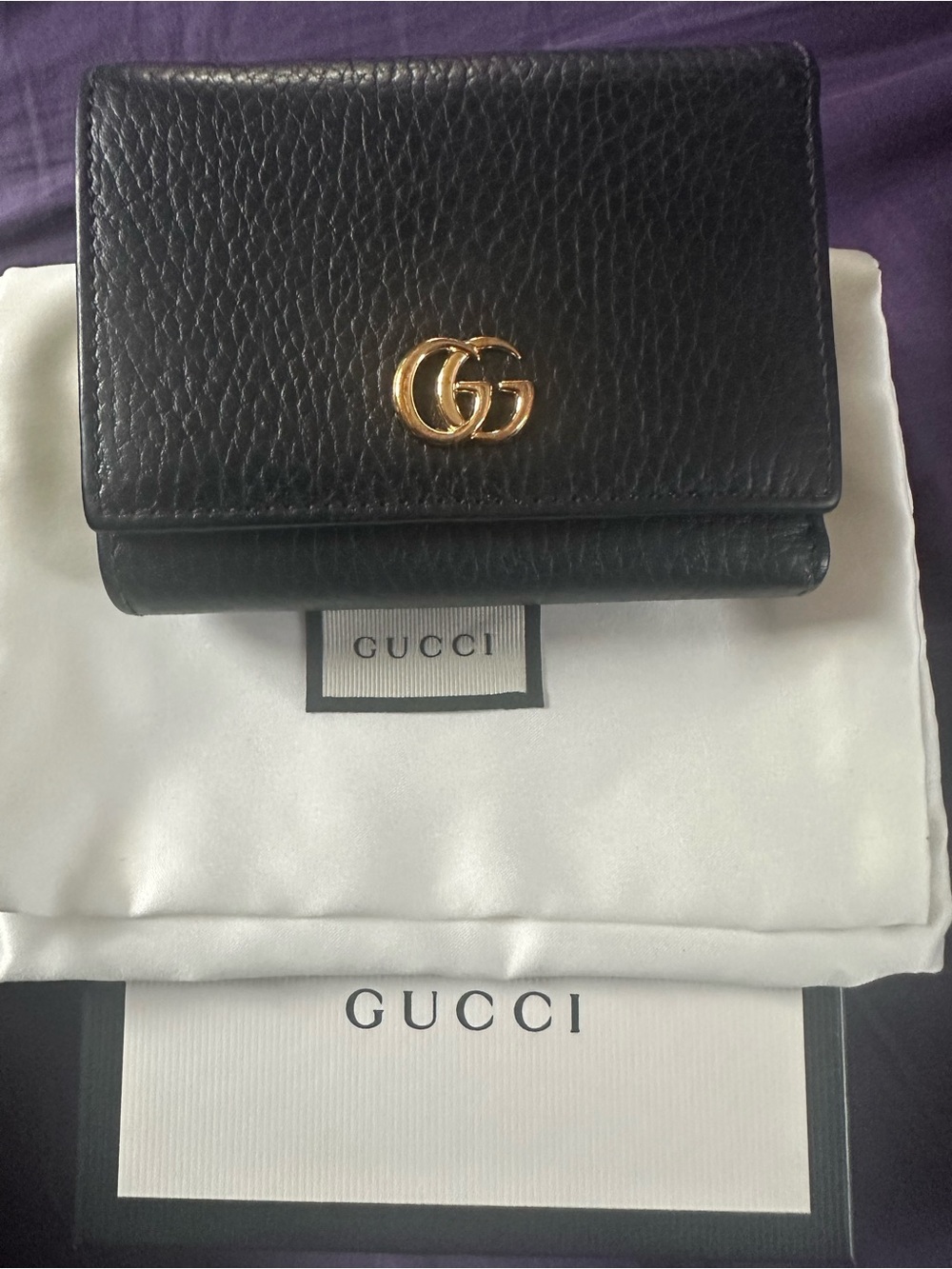 Gucci Marmont Black Pebbled  Leather Compact Wallet with Gold Double G